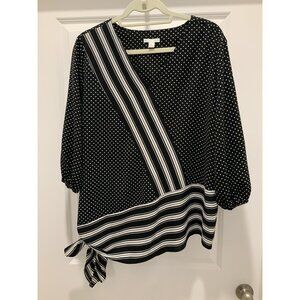 Est 1946 Top Large Women’s Polka Dot Black White Side Tie Stripes 3/4 Sleeve